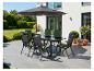 Gartenmöbel-Set mit Tisch, Stühlen und Sonnenschirm auf einer sonnigen Terrasse.