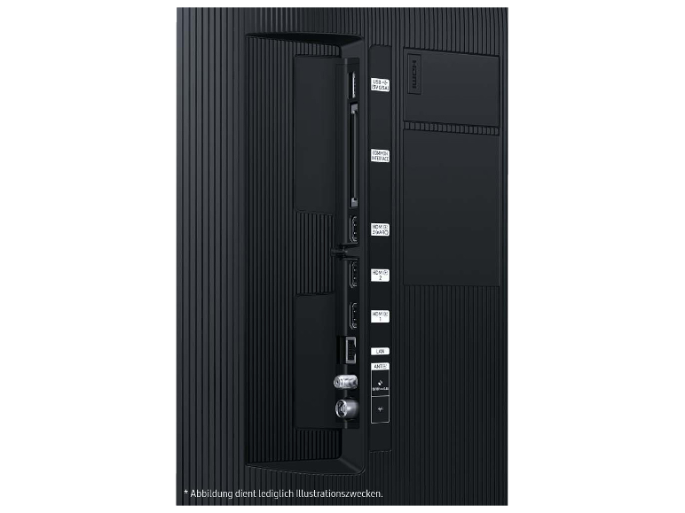 Rückseite eines Fernsehers mit USB-, HDMI-, LAN- und Antennenanschlüssen.