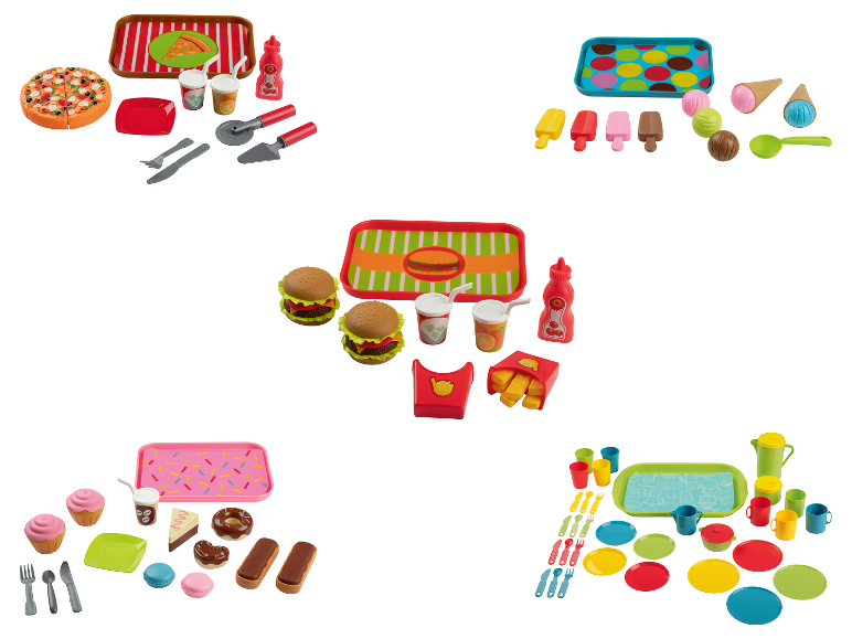 LUPILU® Küchenzubehör-Set mit Pizza, Burgern, Eis, Desserts und buntem Geschirr.