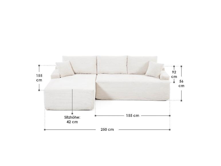 Weißes Modulsofa mit Kissen, 250 cm breit, 155 cm tief, 42 cm Sitzhöhe.