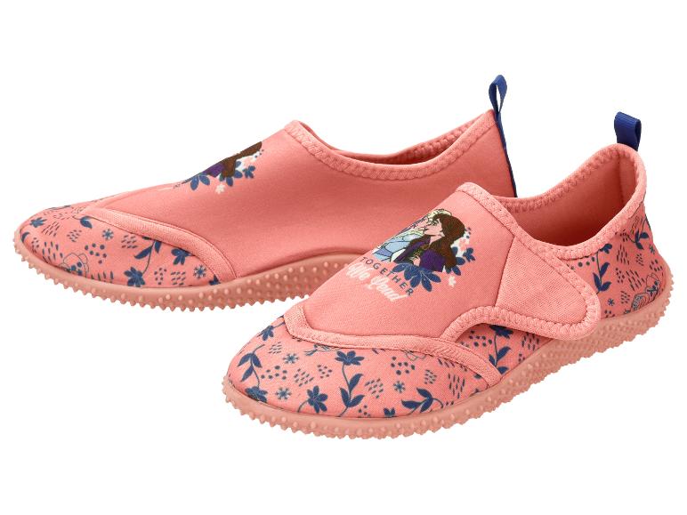 Rosa Kinder-Wasserschuhe mit Blumenmuster und Zeichentrickfiguren