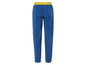 Blaue Jogginghose mit gelbem Bund und roten Streifen.