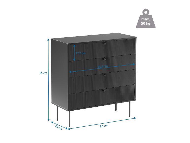 Schwarze Kommode mit vier Schubladen und Maßen, Tragfähigkeit bis 50 kg.