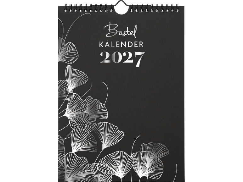 Kalender 2027 mit silbernen Ginkgoblattmustern auf schwarzem Hintergrund.