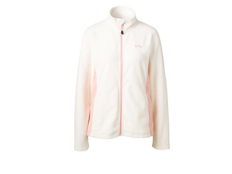 Weiße Fleecejacke mit rosa Reißverschluss und Seitenpartien.