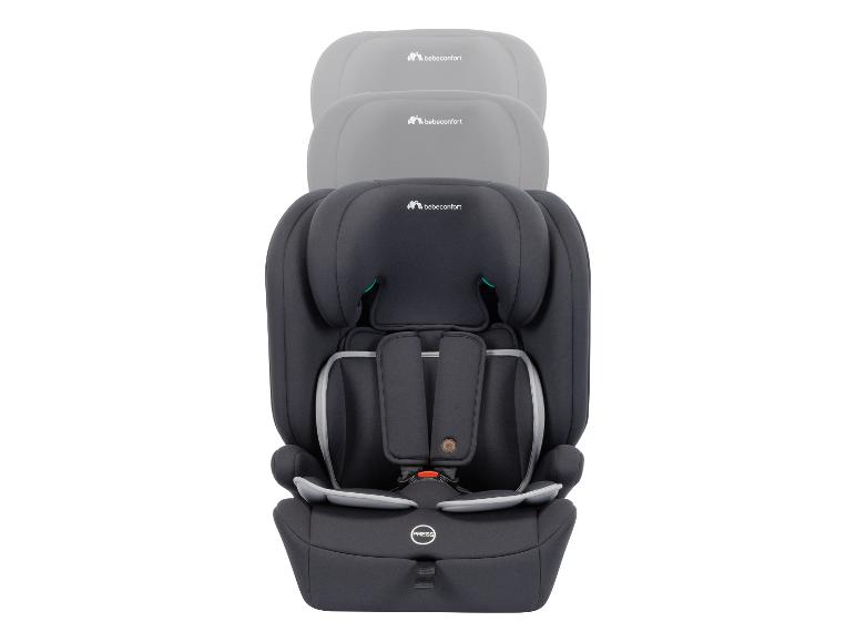 Schwarzer Kindersitz mit verstellbarer Kopfstütze und Sicherheitsgurten