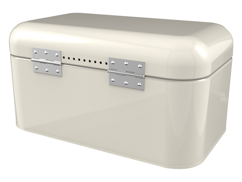 Eine weiße Brotdose aus Metall.