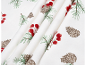 Stoff mit Weihnachtsmuster aus Tannenzapfen, Kiefernzweigen und roten Beeren.