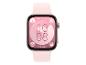 Rosa Smartwatch mit digitalem Zifferblatt, das Uhrzeit, Datum und Aktivitätsdaten anzeigt.