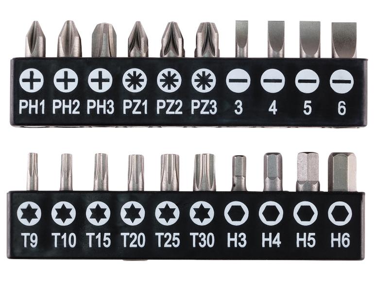 Schraubendreher-Bits, darunter PH, PZ, T und H Typen.