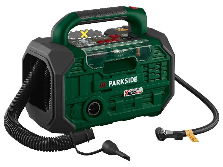 PARKSIDE X 20V TEAM Kompressor und Pumpe in Grün und Schwarz mit Schläuchen und Zubehör.