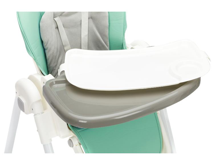 Ein mintgrüner und grauer Babyhochstuhl mit abnehmbarem weißem Tablett.