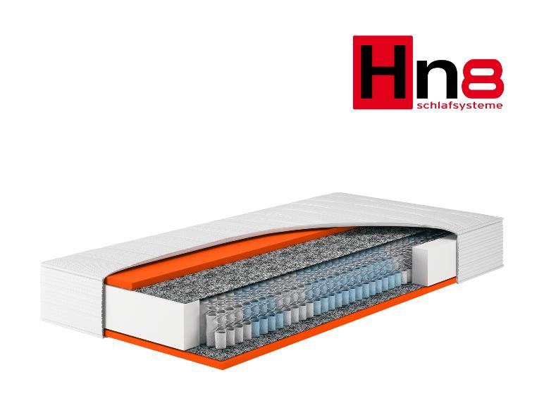 Hn8 Schlafsysteme Matratze mit Querschnitt, der Federn und Schichten zeigt.