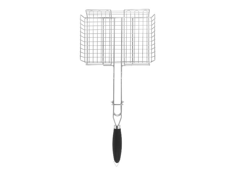 Metall-Grillkorb mit schwarzem Griff.