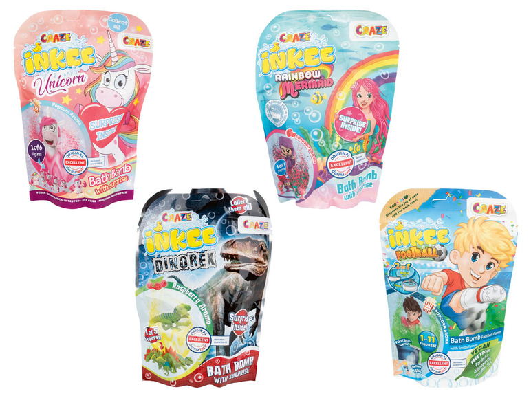 Vier Craze Inkee Badebomben mit Einhorn, Meerjungfrau, Dinosaurier und Fußball-Motiven.