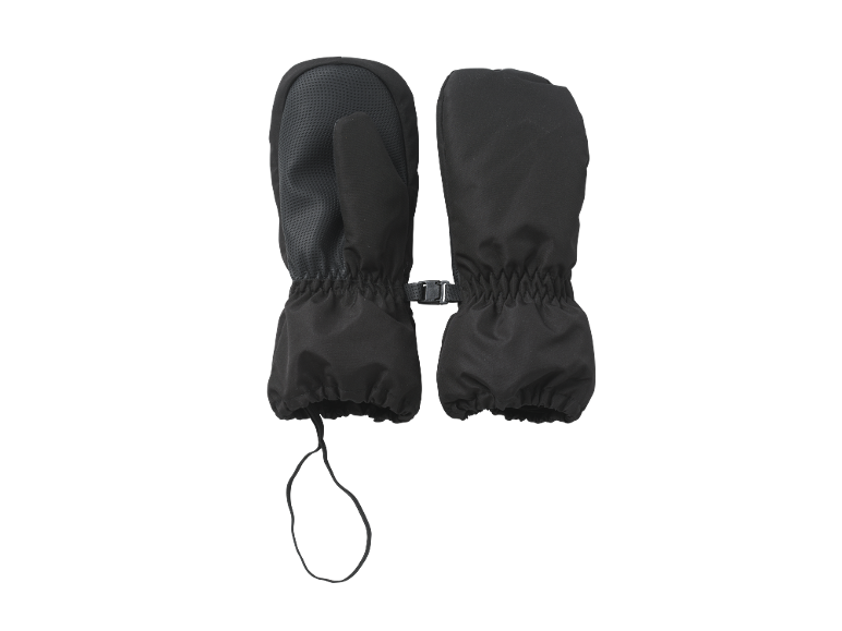 Ein Paar schwarze Winterfäustlinge mit rutschfestem Griff und verstellbaren Bündchen.