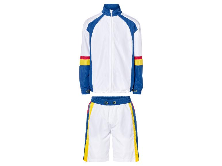 Weiß-dunkelblauer Trainingsanzug mit farbigen Details.