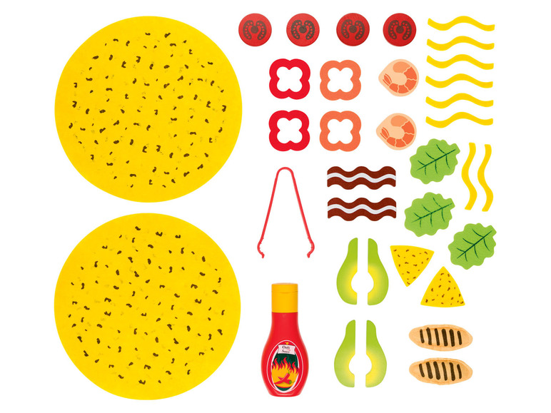 Spielzeug-Hamburger mit Brötchen, Salat, Tomate, Avocado und Chilisauce.