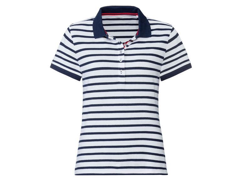 Ein gestreiftes weiß-blaues Poloshirt mit kurzen Ärmeln.
