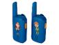 Zwei blaue Spielzeug-Walkie-Talkies mit Kinderillustrationen.