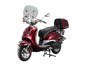Ein roter Alpha Motors Frenze Roller mit Windschutzscheibe.