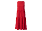 Rotes ärmelloses Sommer-Midikleid mit Stufenrock.