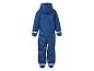 Blauer Kinder-Regenoverall mit Kapuze und reflektierenden Details, Rückansicht.