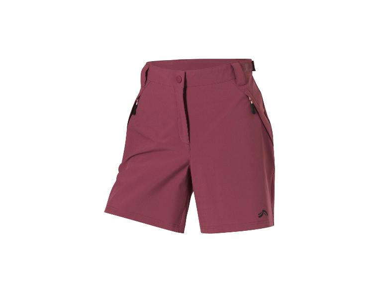 Bordeauxfarbene Damen-Sportshorts mit Reißverschlusstaschen und schwarzem Logo