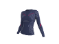Dunkelblaues Langarm-Sportshirt mit roten und hellgrauen geometrischen Mustern.