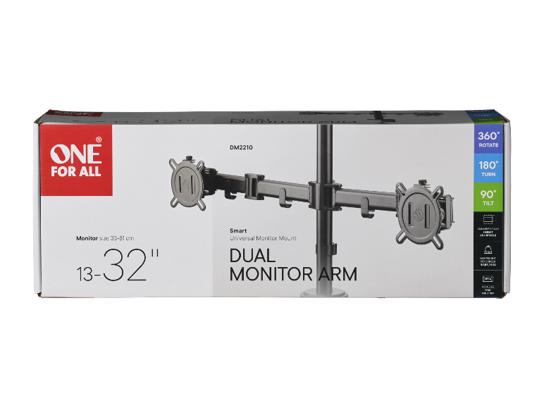 Verpackung für einen Doppelmonitorarm, der Funktionen wie 360°-Drehung und 90°-Neigung zeigt.