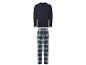 Herrenpyjama: dunkelblaues Langarmshirt und karierte Hose.