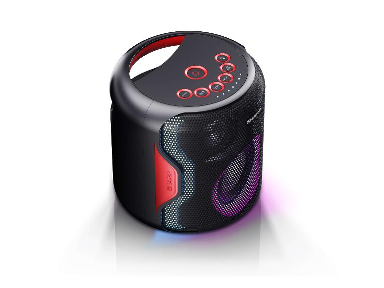 Schwarzer tragbarer Lautsprecher mit roten Tasten und farbiger Beleuchtung