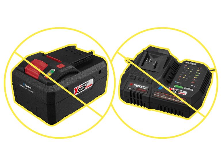 Akku und Ladegerät mit Lade- und Konnektivitätsanzeigen.