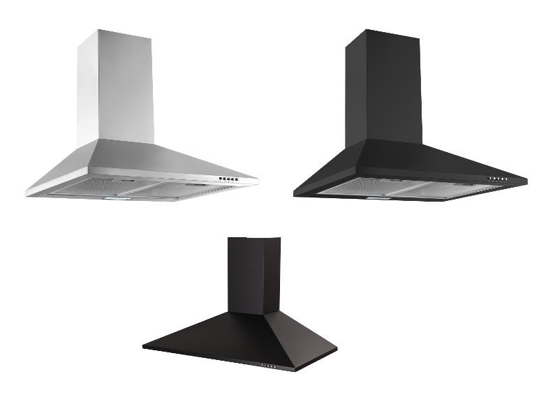 Drei Dunstabzugshauben in Silber und Schwarz, isoliert auf weißem Hintergrund.