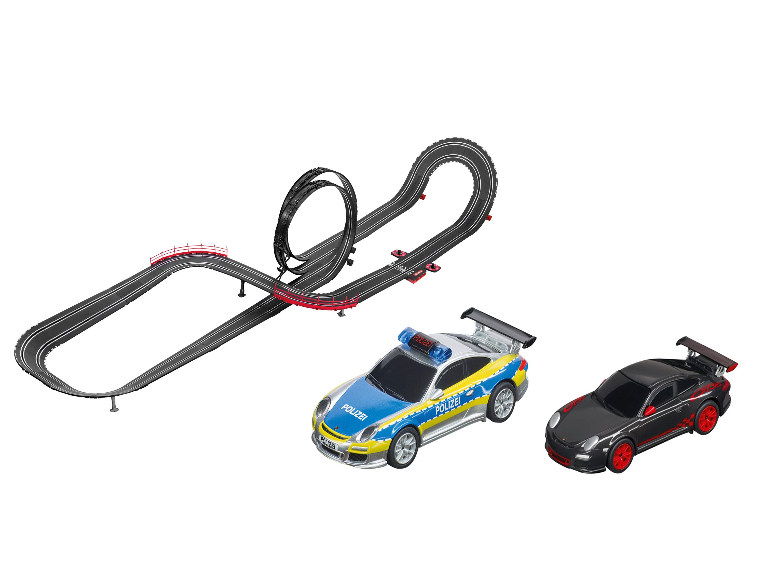Carrera GO!!! Autorennbahn (Autorennbahn – Police Trap)““ | Police Trap: 1x Porsche Polizei, 1x Porsche GT RS schwarz, Steilkurve, Einzellooping, Fly-Over, Rundenzähler Warnhinweis: Achtung! Für Kinder unter 36 Monaten nicht geeignet. Erstickungsgefahr wegen verschluckbarer Kleinteile.““