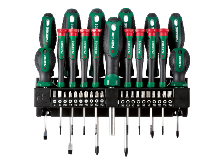 Schraubendreher-Set mit verschiedenen Bits und Griffen, inklusive Präzisionsschraubendrehern, in einem schwarzen Ständer.
