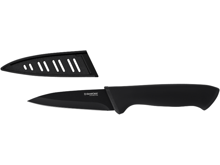 Schwarzes Messer mit schwarzer Klinge und schwarzem Griff, dazu ein schwarzer Klingenschutz.