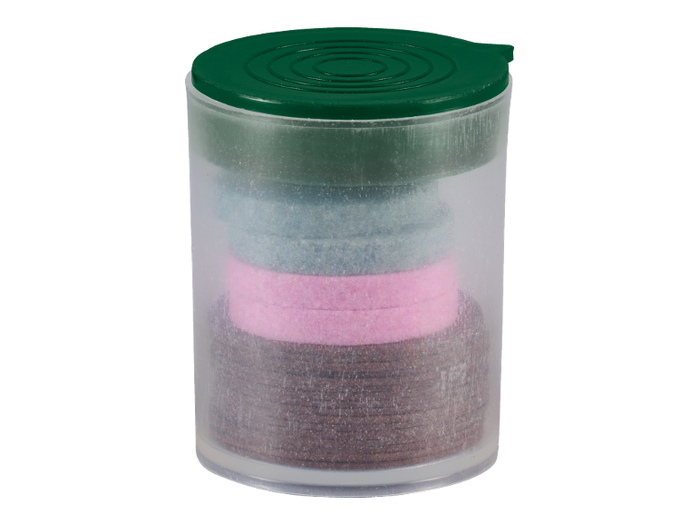 Transparenter Behälter mit farbigen Filzscheiben und grünem Deckel.