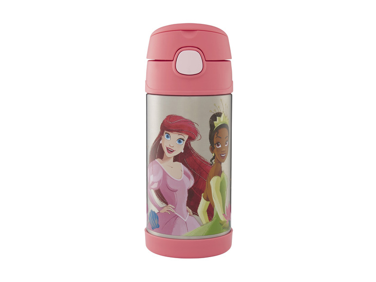 Eine rosafarbene Thermosflasche mit Bildern von Ariel und Tiana von Disney.