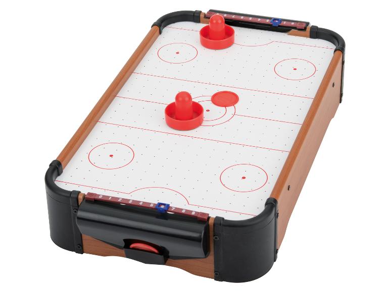 Mini-Airhockeytisch mit zwei roten Schlägern und einem Puck.