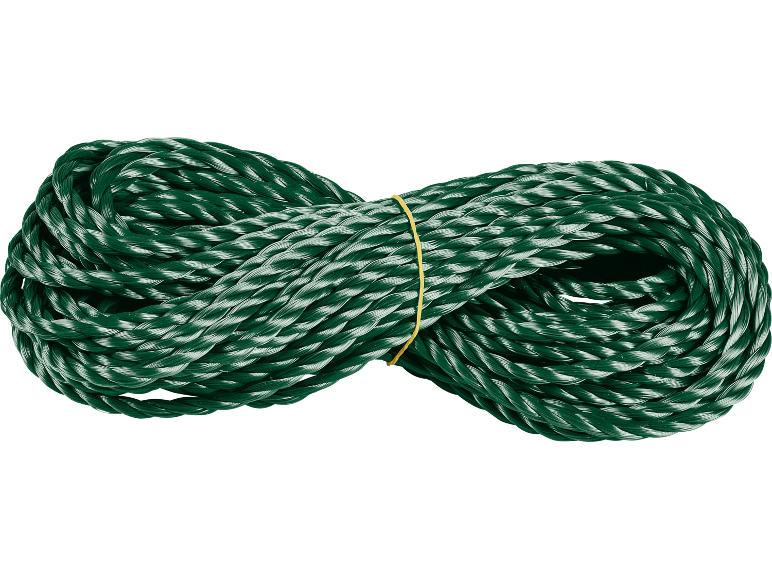 Grünes Seil in Achterform gewickelt, mit gelbem Gummiband gesichert.