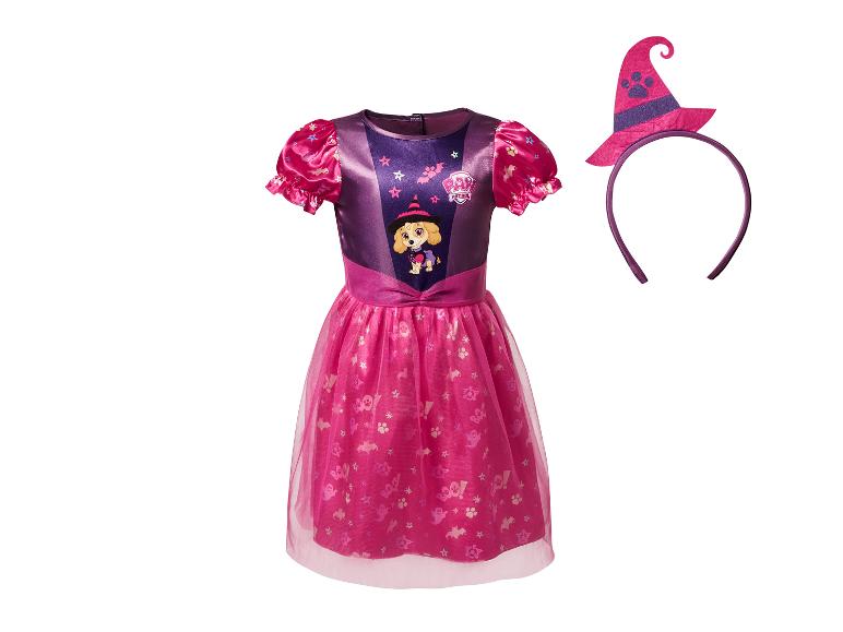Lila-rosa Halloween-Kleid für Kinder mit Hundeaufdruck und passendem Hexenhut.