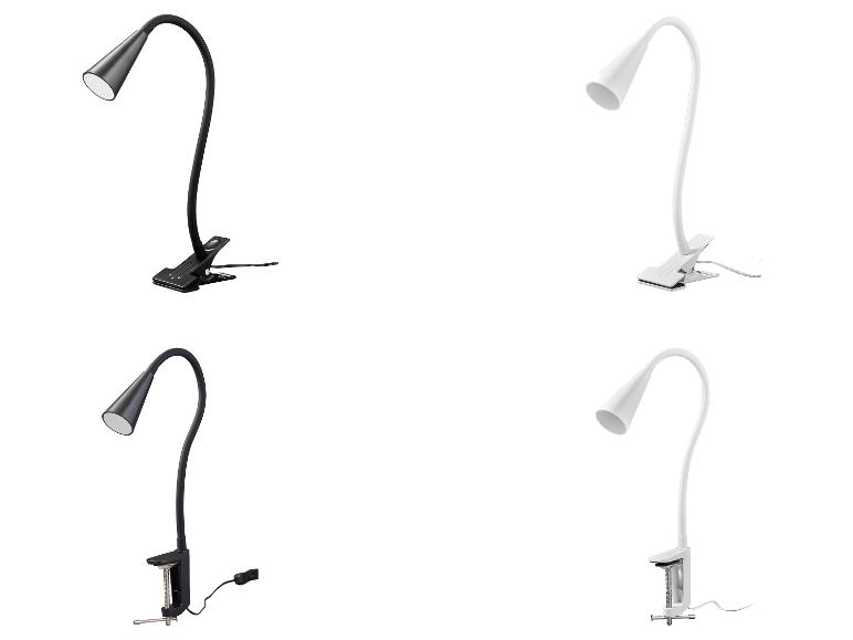 Vier Schreibtischlampen mit Klemme oder Schraubzwinge, zwei schwarze und zwei weiße.