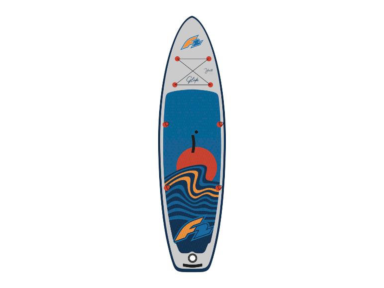 Aufblasbares Paddleboard mit Sonnenuntergangs- und Wellenmotiv, Text „Youth Glide“.