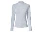 Hellblaues geripptes Langarmshirt mit Rüschenkragen und -saum.