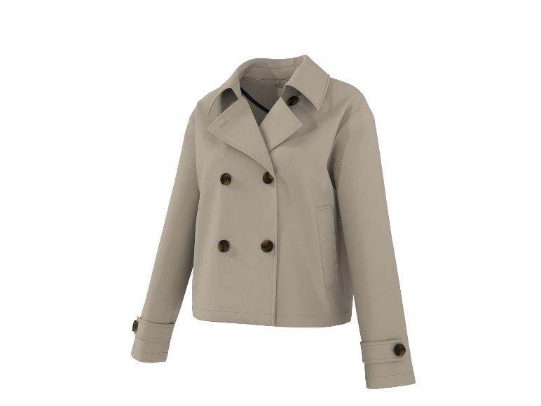 Beige Damen-Kurzmantel mit doppelreihiger Knopfleiste und braunen Knöpfen