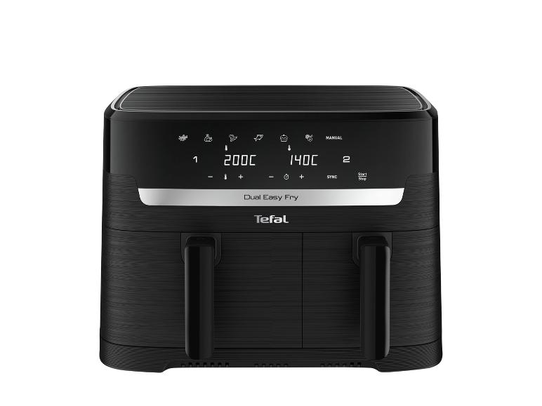 Schwarze Doppel-Heißluftfritteuse mit Digitalanzeige, die 200C und 140C Einstellungen zeigt.