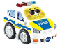 Weißes Spielzeug-Polizeiauto mit blauen und gelben Streifen, Blinklichtern und einem lächelnden Gesicht.
