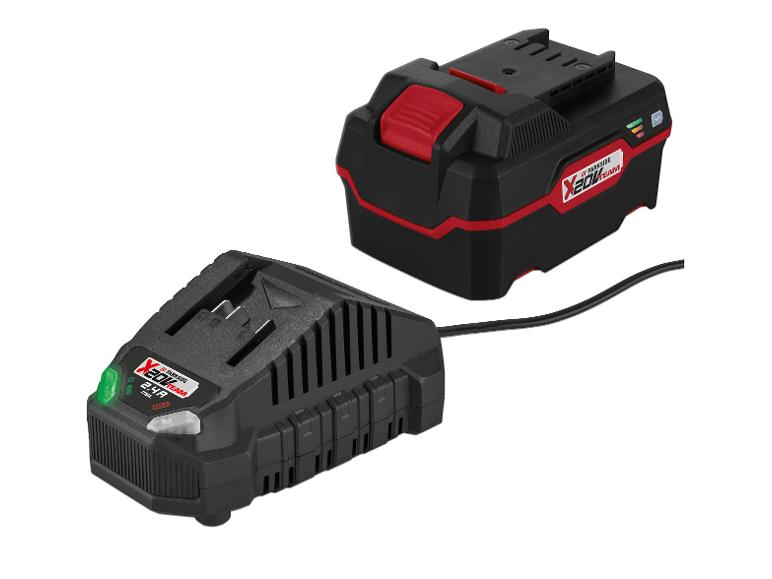 Parkside X 20V Team Akku und Ladegerät, schwarz und rot, auf weißem Hintergrund.