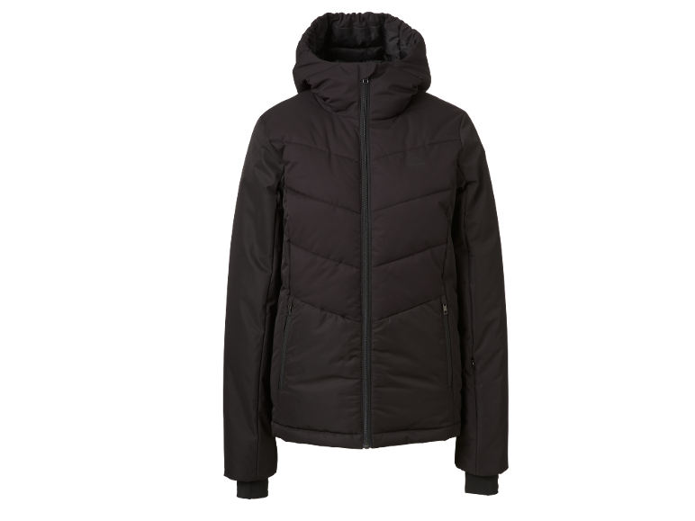 Schwarze Steppjacke mit Kapuze und Reißverschluss.